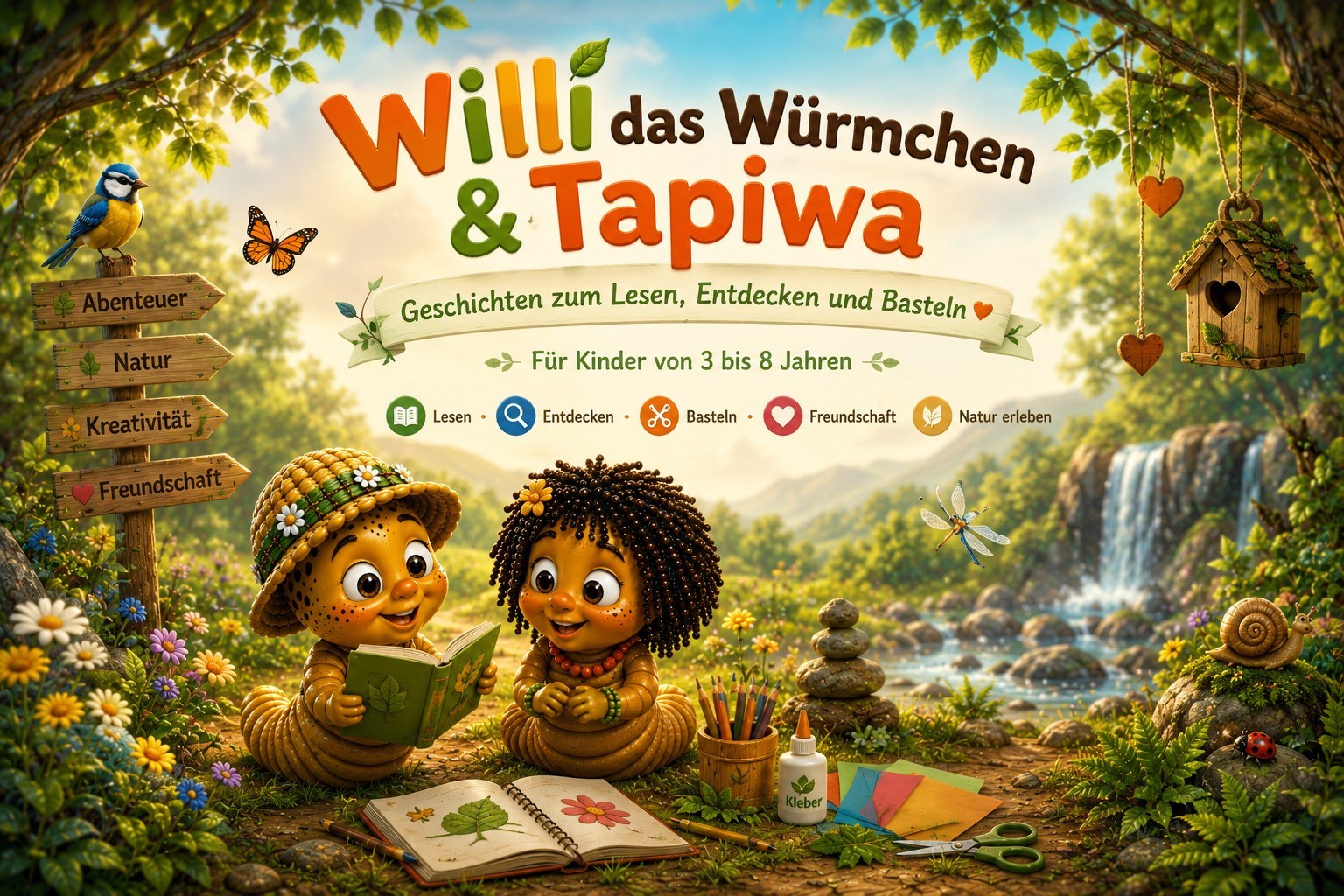 Willi das Würmchen und Tapiwa in einer Naturwelt zum Lesen, Entdecken und Basteln